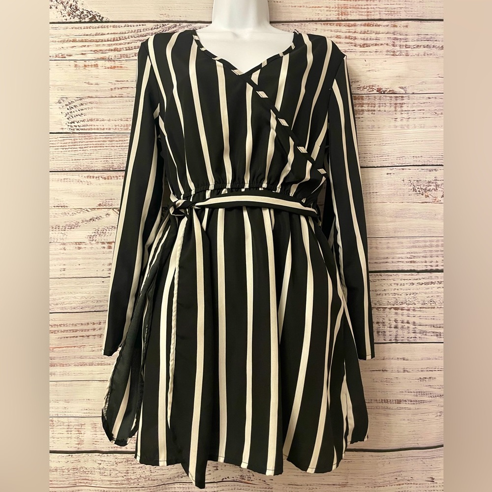 Black and White Striped Mini Wrap Dress